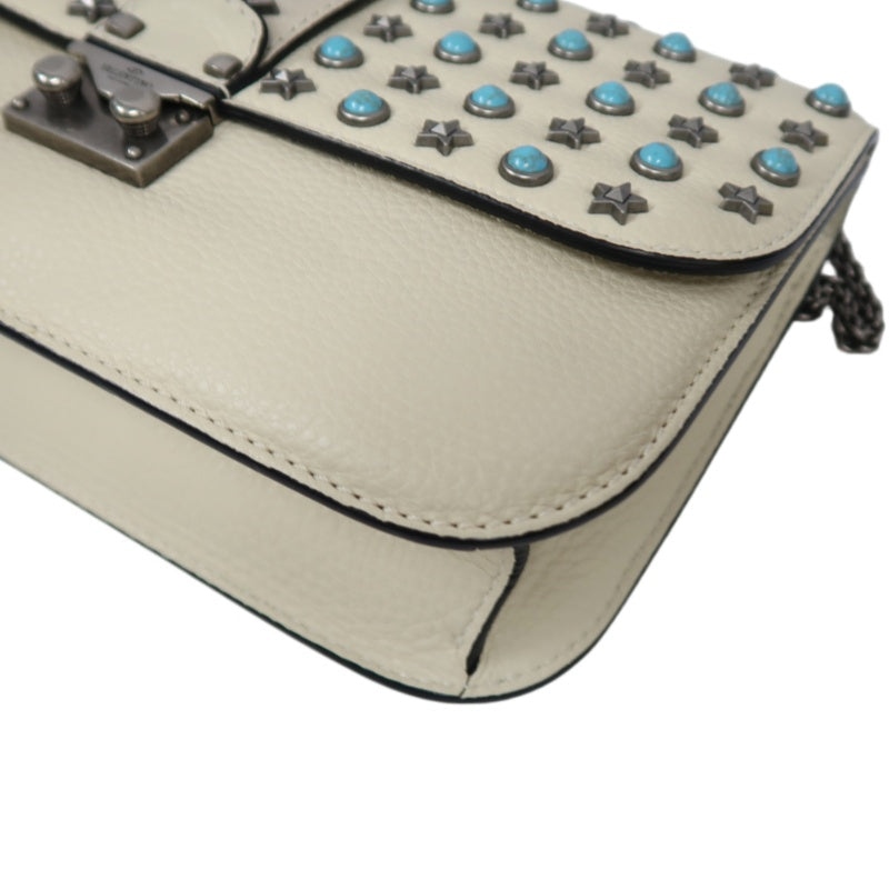 VALENTINO  Rockstud Glam Lock Shoulder Bag Calfskin Off-White White Turquoise