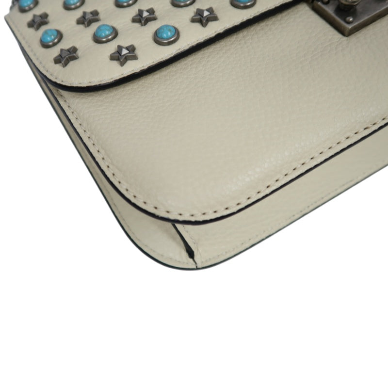 VALENTINO  Rockstud Glam Lock Shoulder Bag Calfskin Off-White White Turquoise