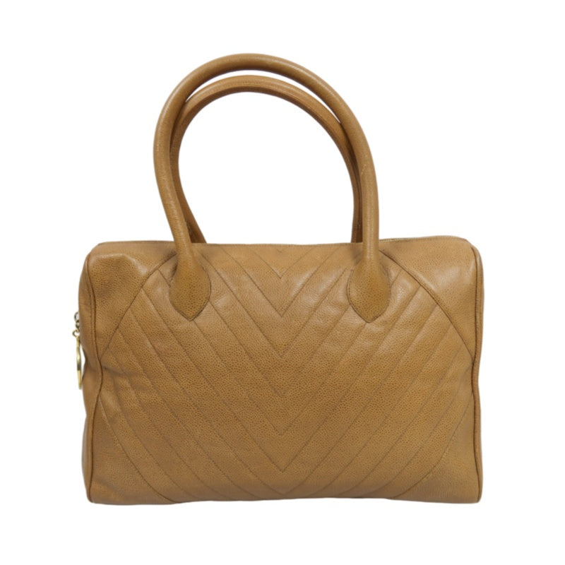 CHANEL Chevron V‑stitch handbag Boston bag calfskin brown