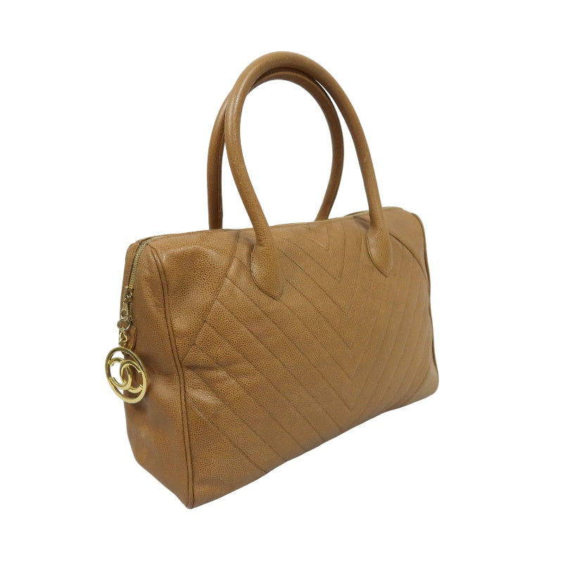 CHANEL Chevron V‑stitch handbag Boston bag calfskin brown