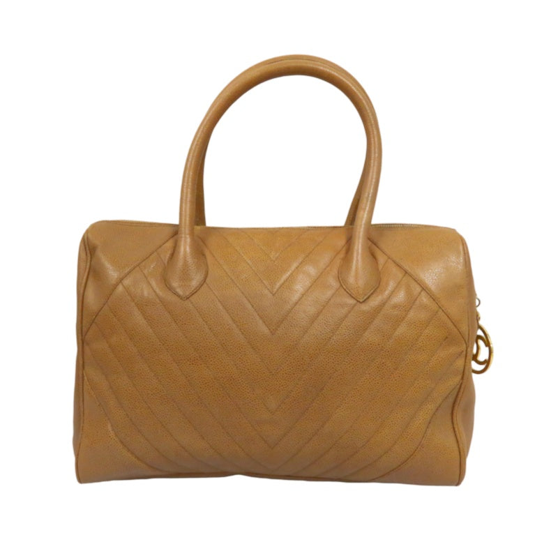 CHANEL Chevron V‑stitch handbag Boston bag calfskin brown