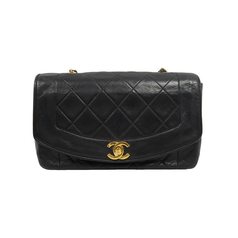 CHANEL Diana Matelasse Shoulder Bag Lambskin Black Gold Hardware