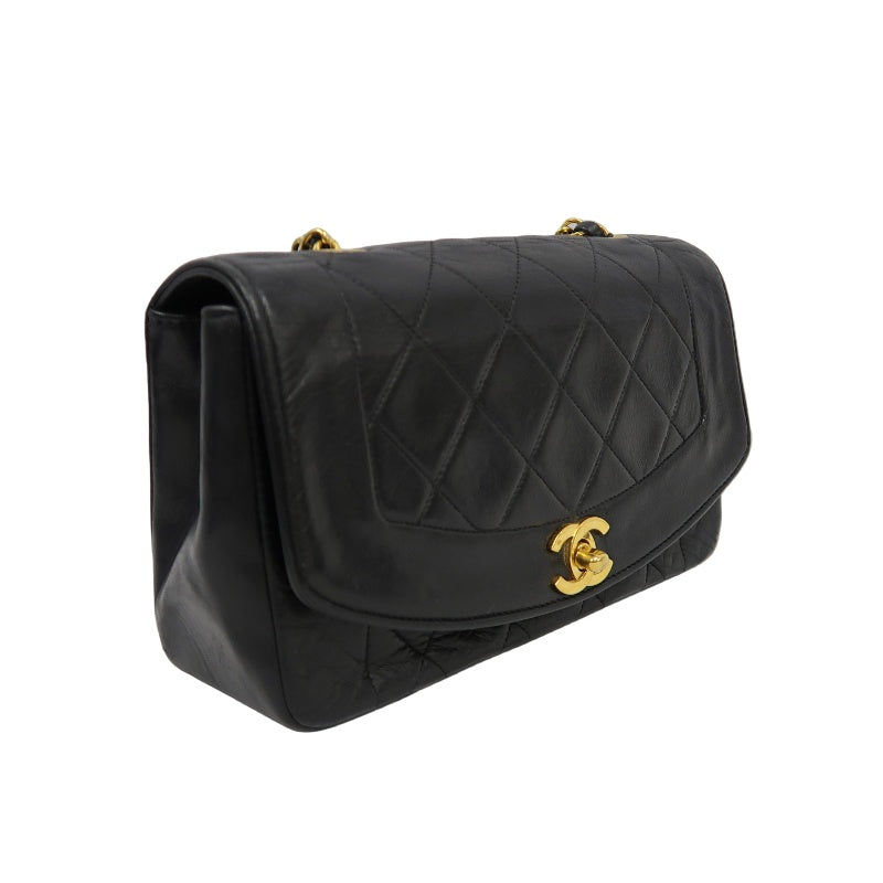 CHANEL Diana Matelasse Shoulder Bag Lambskin Black Gold Hardware