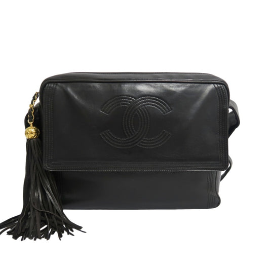 CHANEL Coco Mark Shoulder Bag, Lambskin, Black, Gold-Tone Hardware   CHANEL Black Calfskin Leather Gold Ball Tassel Flap Crossbody Bag