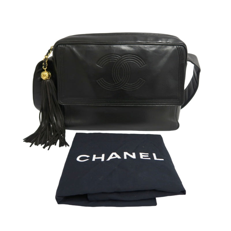 CHANEL Coco Mark Shoulder Bag, Lambskin, Black, Gold-Tone Hardware   CHANEL Black Calfskin Leather Gold Ball Tassel Flap Crossbody Bag