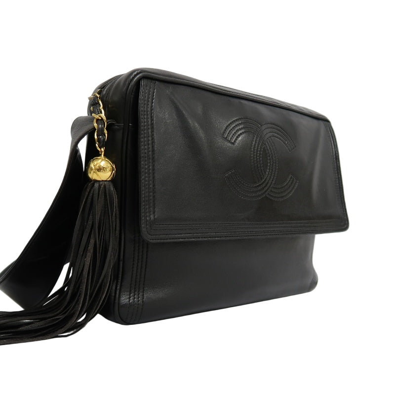 CHANEL Coco Mark Shoulder Bag, Lambskin, Black, Gold-Tone Hardware   CHANEL Black Calfskin Leather Gold Ball Tassel Flap Crossbody Bag