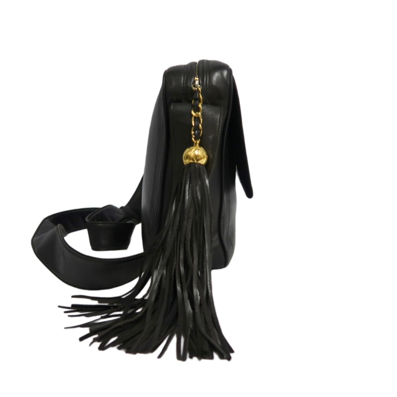 CHANEL Coco Mark Shoulder Bag, Lambskin, Black, Gold-Tone Hardware   CHANEL Black Calfskin Leather Gold Ball Tassel Flap Crossbody Bag