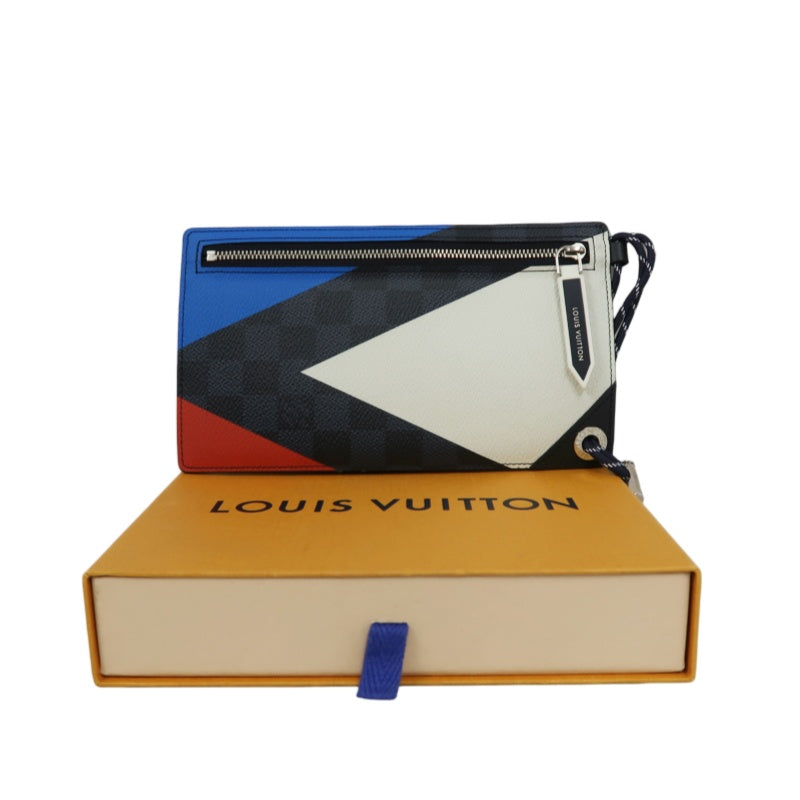 Louis Vuitton (LV) Damier Cobalt Pochette Phone, America's Cup 201 Shoulder Pouch, Blue-Black Color Block, Limited Edition, Includes Dust Bag, Box, Manual & Authentication Card (Men's Style)