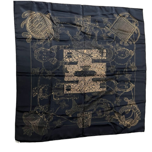 HERMES silk scarf, black, with box and tags, ethnic girl pattern