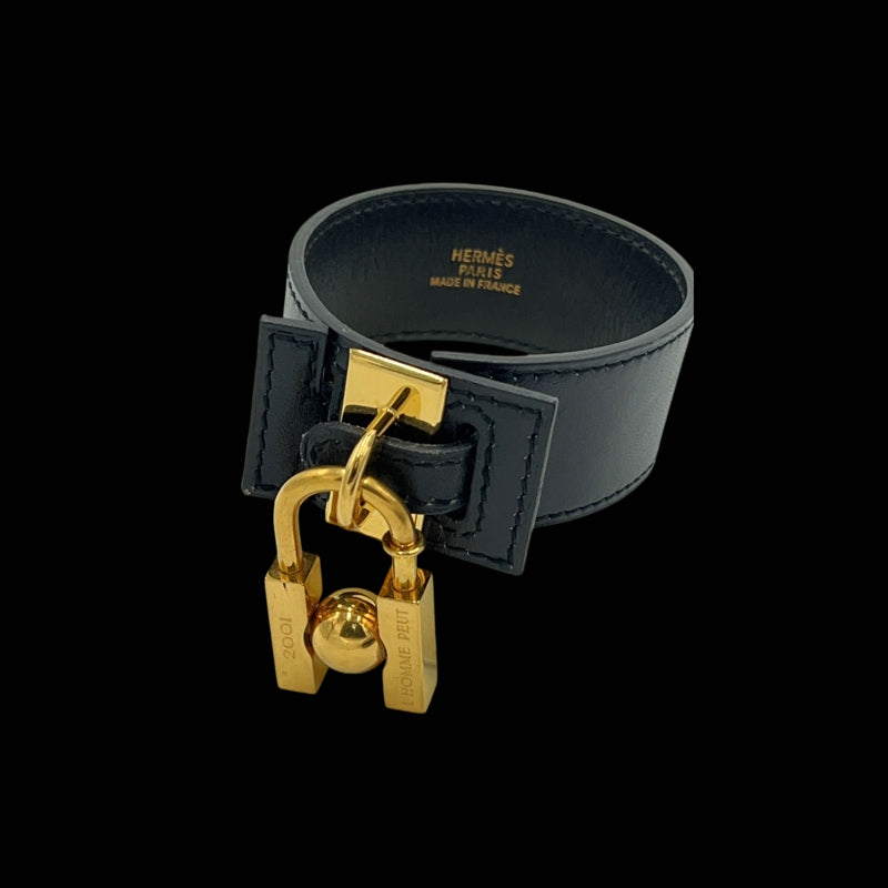 HERMES Leather Bangle, Black with Gold Hardware