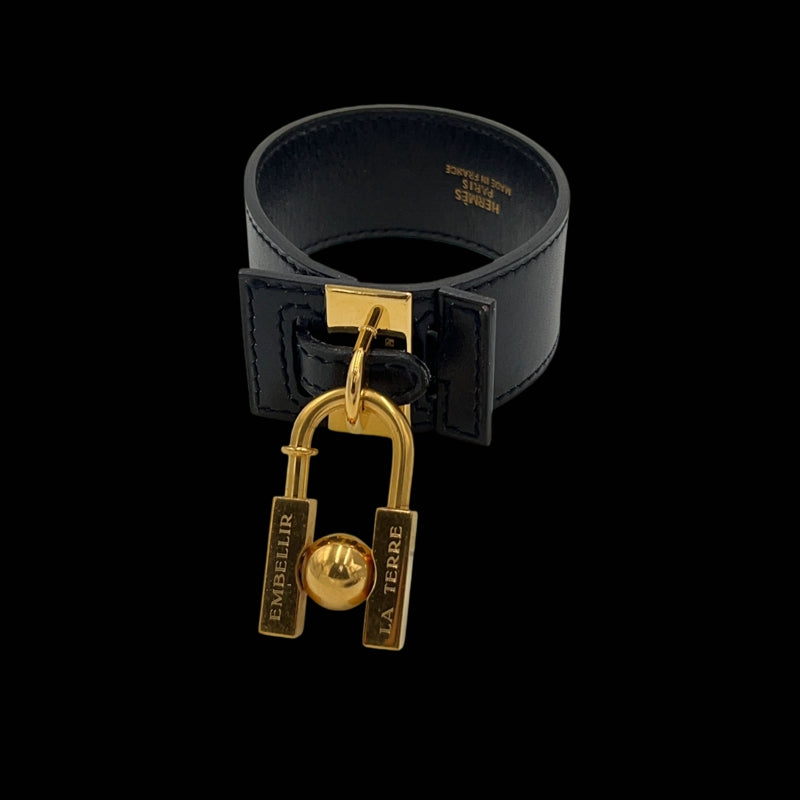 HERMES Leather Bangle, Black with Gold Hardware
