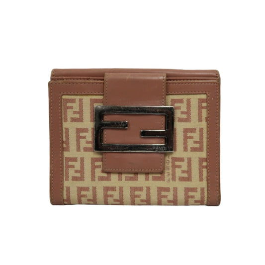FENDI Zucca Bifold Wallet Canvas Leather Beige Brown Silver FF Hardware