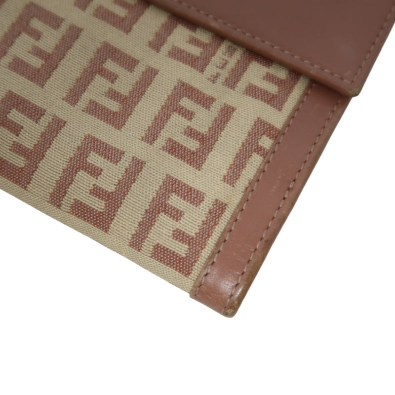 FENDI Zucca Bifold Wallet Canvas Leather Beige Brown Silver FF Hardware