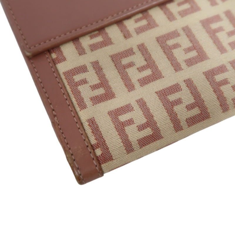 FENDI Zucca Bifold Wallet Canvas Leather Beige Brown Silver FF Hardware