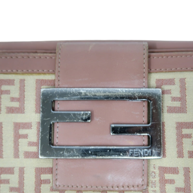 FENDI Zucca Bifold Wallet Canvas Leather Beige Brown Silver FF Hardware