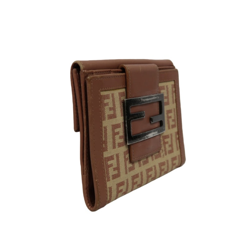 FENDI Zucca Bifold Wallet Canvas Leather Beige Brown Silver FF Hardware