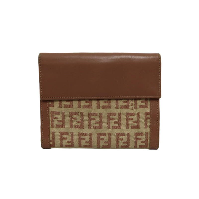 FENDI Zucca Bifold Wallet Canvas Leather Beige Brown Silver FF Hardware