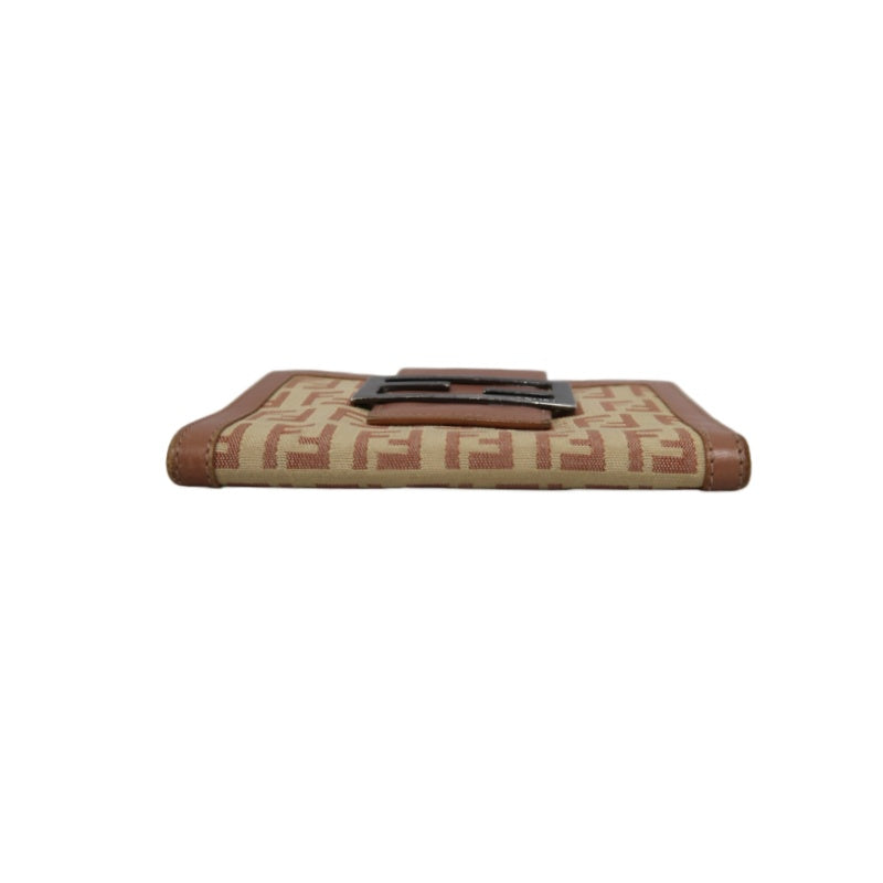 FENDI Zucca Bifold Wallet Canvas Leather Beige Brown Silver FF Hardware
