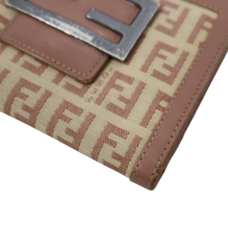 FENDI Zucca Bifold Wallet Canvas Leather Beige Brown Silver FF Hardware