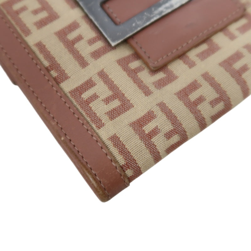 FENDI Zucca Bifold Wallet Canvas Leather Beige Brown Silver FF Hardware