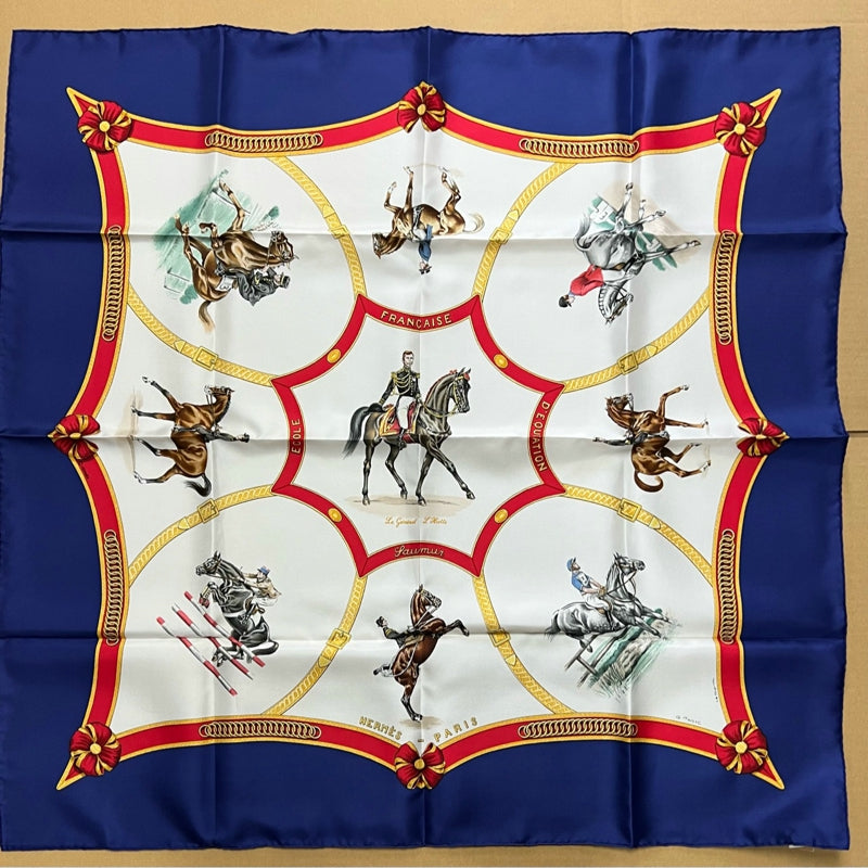 HERMES silk scarf, equestrian pattern, blue, with box and tag