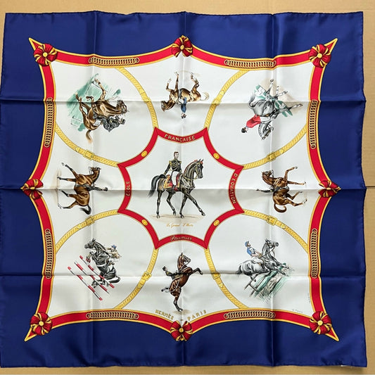 HERMES silk scarf, equestrian pattern, blue, with box and tag