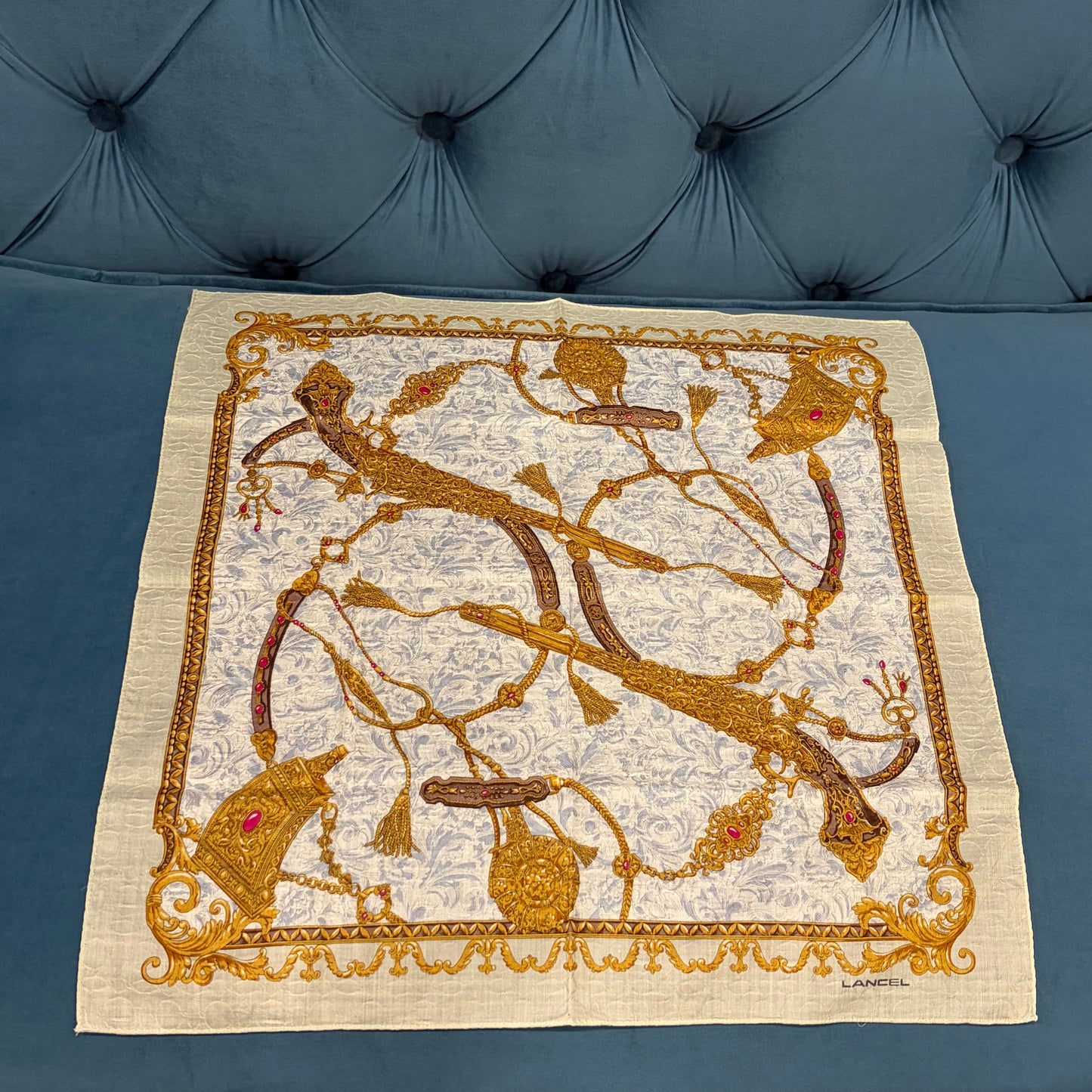 LANCEL Pistol Motif Mini Silk Scarf Ivory/Gold