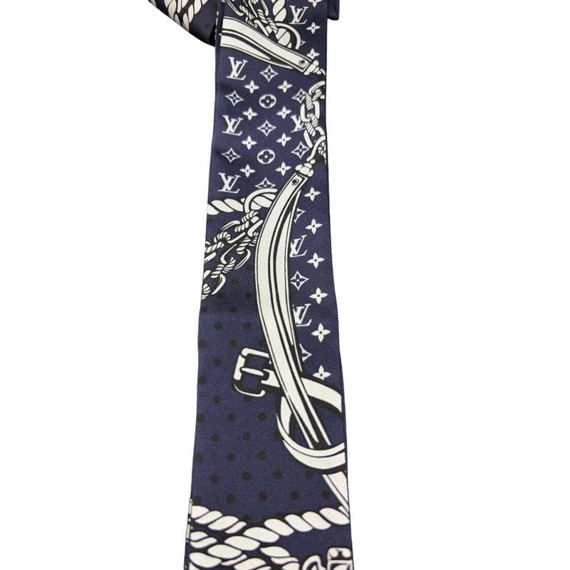 LOUIS VUITTON Bandeau BB Nautical Rope  Buckle Strap 100% Pure Silk Skinny Scarf Twilly Navy Blue White Monogram Dot Pattern Versatile Bag Handle Wrap Headband Included Original Gift Box Classic Accessory