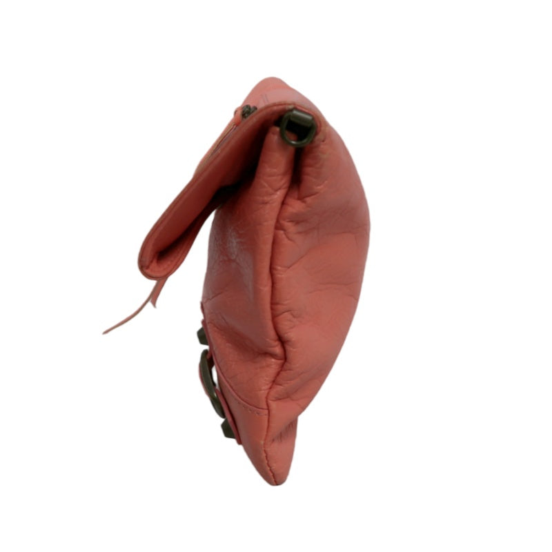 BALENCIAGA Pink Crinkled Lambskin Leather Motorcycle Crossbody Bag