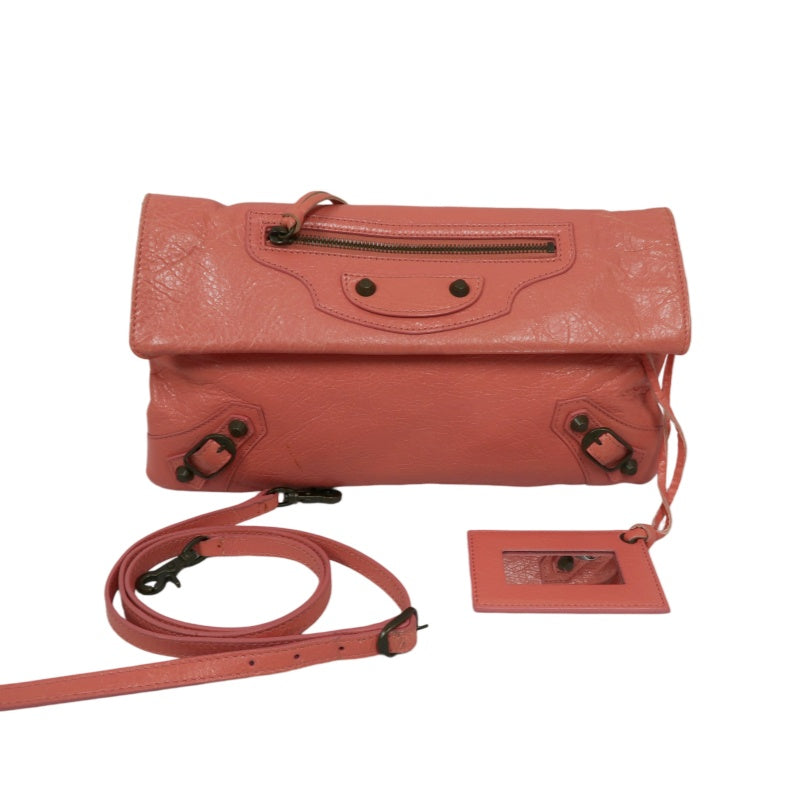 BALENCIAGA Pink Crinkled Lambskin Leather Motorcycle Crossbody Bag