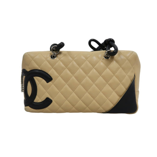 CHANEL Cambon Shoulder Bag Lambskin Beige Silver Hardware With Guarantee Card