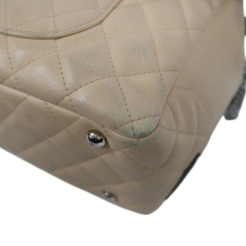 CHANEL Cambon Shoulder Bag Lambskin Beige Silver Hardware With Guarantee Card