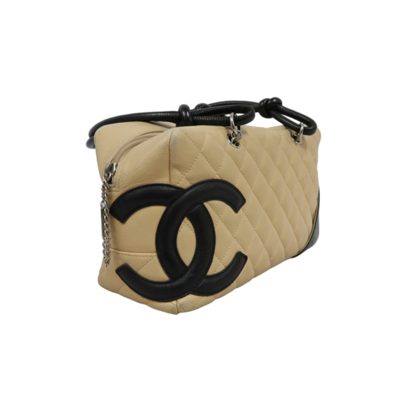 CHANEL Cambon Shoulder Bag Lambskin Beige Silver Hardware With Guarantee Card