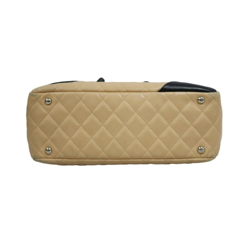 CHANEL Cambon Shoulder Bag Lambskin Beige Silver Hardware With Guarantee Card