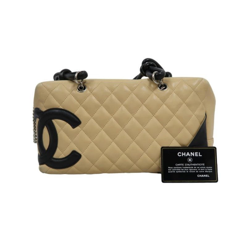CHANEL Cambon Shoulder Bag Lambskin Beige Silver Hardware With Guarantee Card