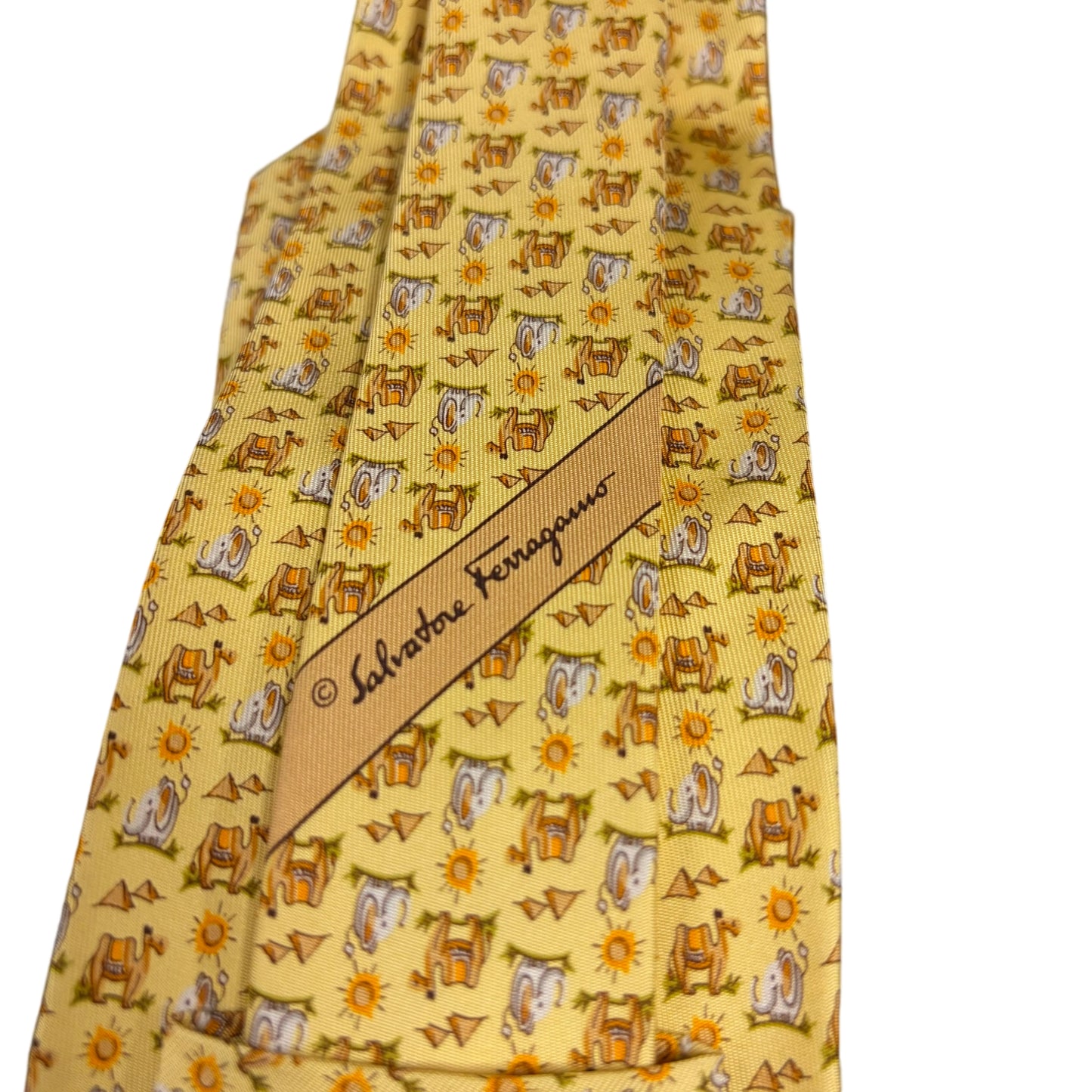 FERRAGAMO Camel Animal Print Silk Tie Yellow