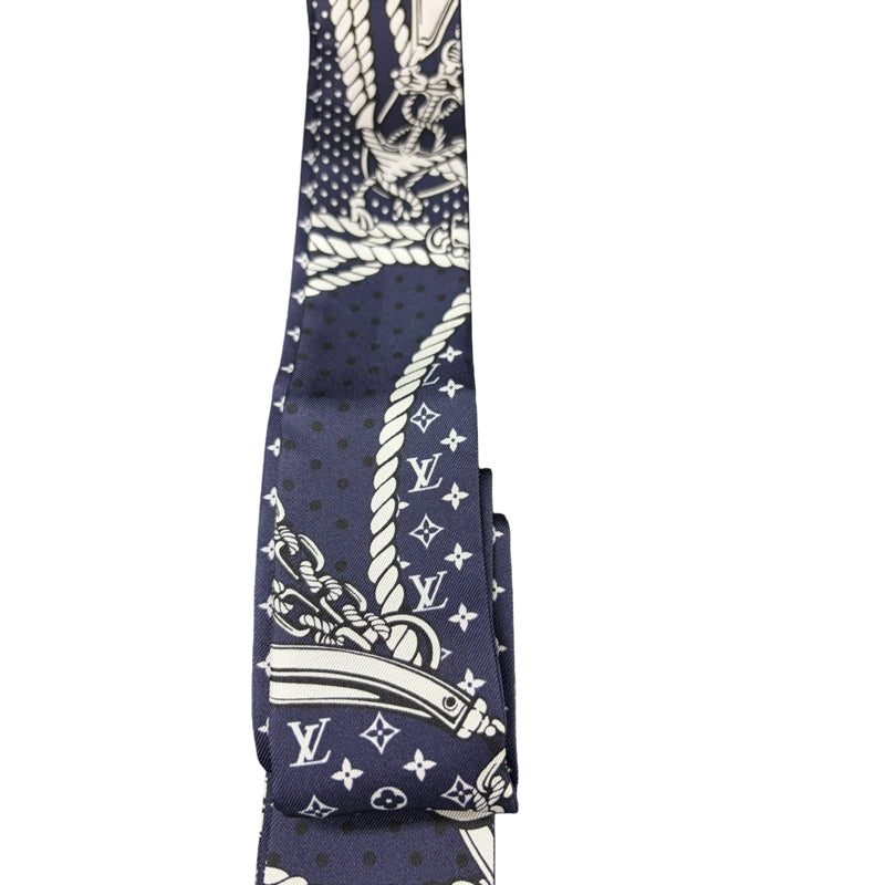 LOUIS VUITTON Bandeau BB Nautical Rope  Buckle Strap 100% Pure Silk Skinny Scarf Twilly Navy Blue White Monogram Dot Pattern Versatile Bag Handle Wrap Headband Included Original Gift Box Classic Accessory