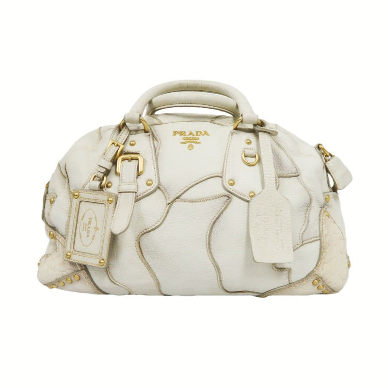 PRADA Cervo Patchwork Fringe Bowling Bag Handbag Deer Leather White Gold Hardware