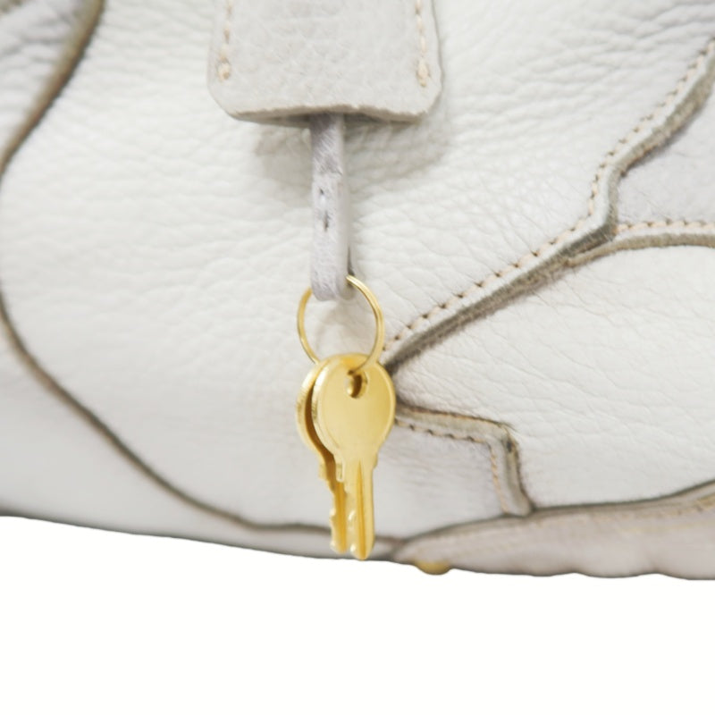 PRADA Cervo Patchwork Fringe Bowling Bag Handbag Deer Leather White Gold Hardware