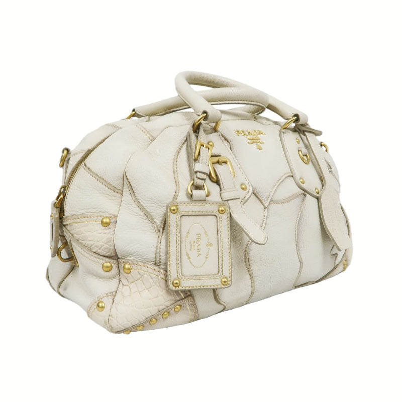 PRADA Cervo Patchwork Fringe Bowling Bag Handbag Deer Leather White Gold Hardware