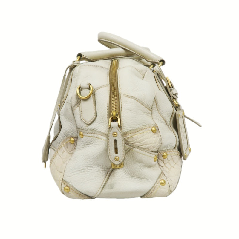 PRADA Cervo Patchwork Fringe Bowling Bag Handbag Deer Leather White Gold Hardware