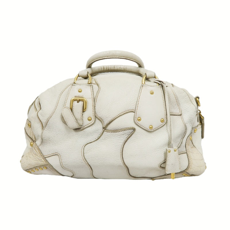 PRADA Cervo Patchwork Fringe Bowling Bag Handbag Deer Leather White Gold Hardware