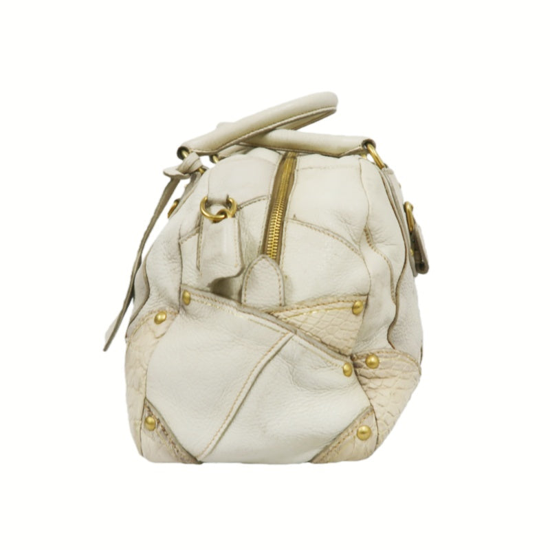 PRADA Cervo Patchwork Fringe Bowling Bag Handbag Deer Leather White Gold Hardware