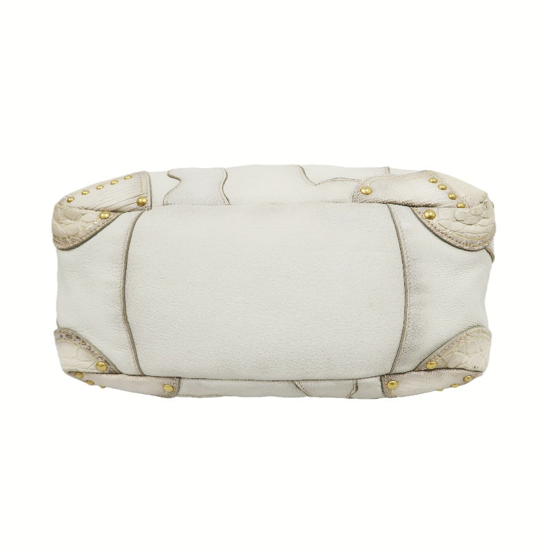 PRADA Cervo Patchwork Fringe Bowling Bag Handbag Deer Leather White Gold Hardware