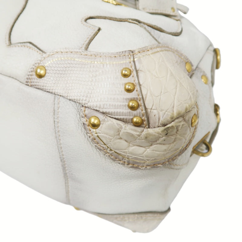 PRADA Cervo Patchwork Fringe Bowling Bag Handbag Deer Leather White Gold Hardware