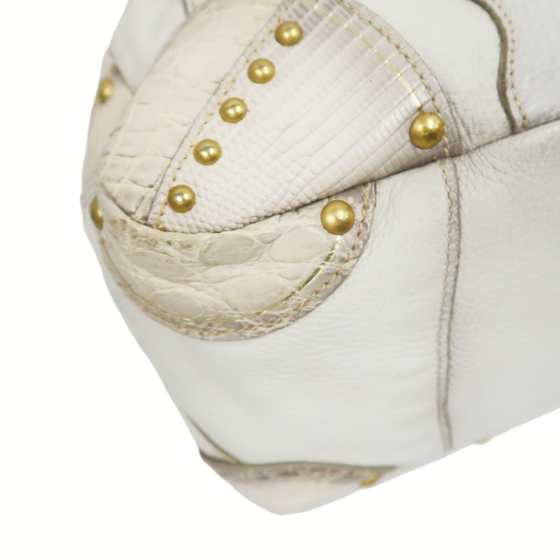 PRADA Cervo Patchwork Fringe Bowling Bag Handbag Deer Leather White Gold Hardware