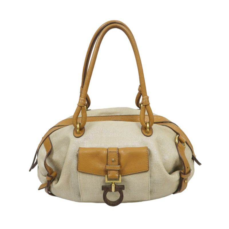 FERRAGAMO shoulder bag, canvas, beige, gold hardware, calfskin leather