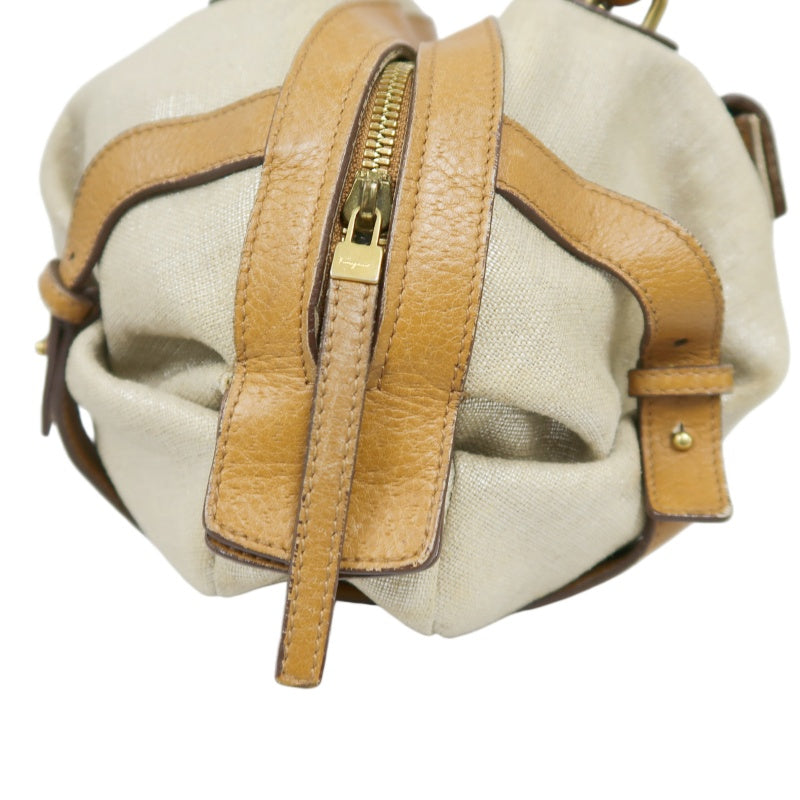 FERRAGAMO shoulder bag, canvas, beige, gold hardware, calfskin leather