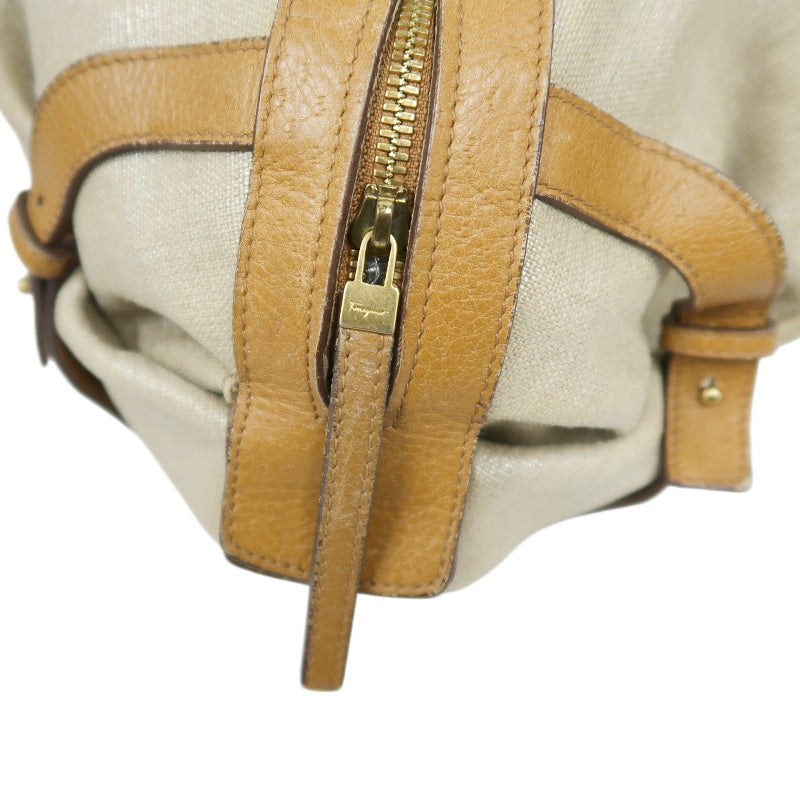 FERRAGAMO shoulder bag, canvas, beige, gold hardware, calfskin leather