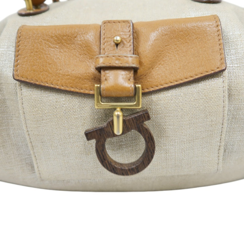 FERRAGAMO shoulder bag, canvas, beige, gold hardware, calfskin leather